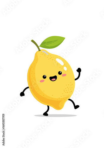 Cute happy dancing lemon character with smiling face and green leaf