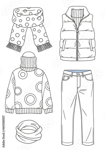 Winter apparel collection featuring cozy scarf puffer vest stylish sweater and durable denim jeans
