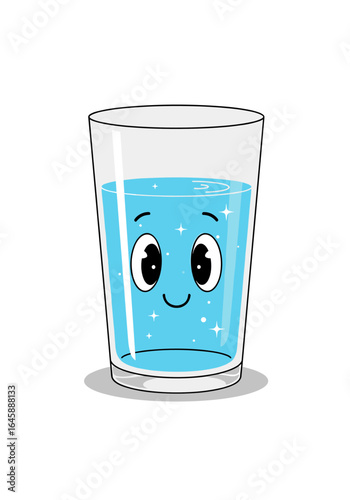 Friendly glass of blue sparkling water with a happy face smiling brightly