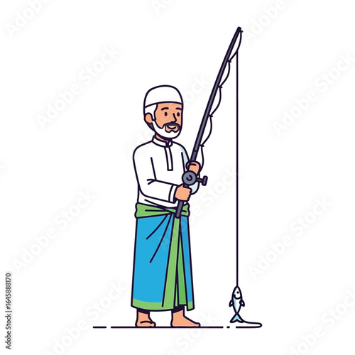 A man in traditional clothing, fishing with a rod, a caught fish hanging from the line.