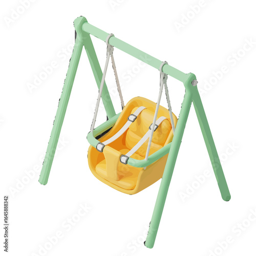 Modern baby swing with a mint green Aframe yellow bucket seat and white safety straps.