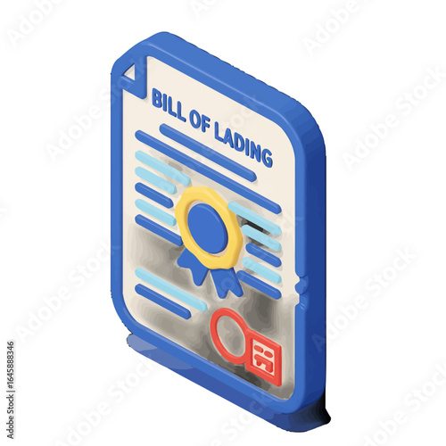 Isometric 3D Bill of Lading document icon with a blue border gold seal and red stamp.