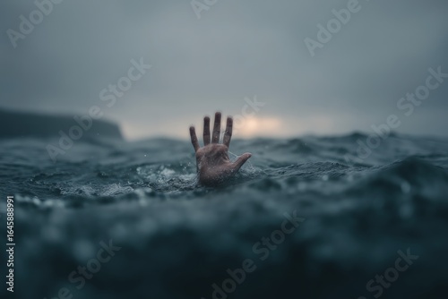 person’s hand raised above rough ocean waves calling for help