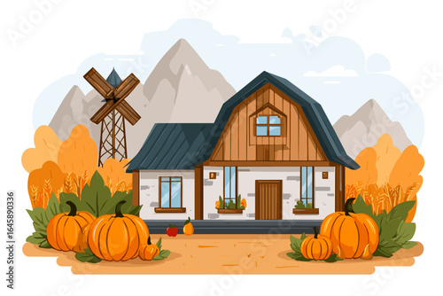Charming Autumn Scene with a House and Pumpkins in a Rustic Landscape