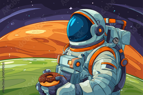 Astronaut Enjoying a Donut in Space with a Planetary Background