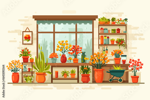 Vibrant Indoor Garden with Colorful Plants and Gardening Tools