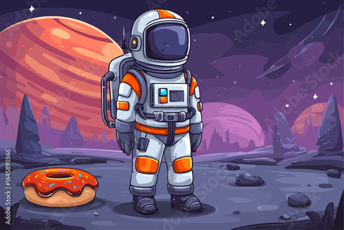Playful Astronaut in Space with a Giant Donut on a Colorful Planet