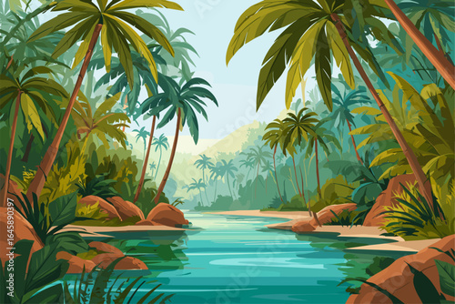 Serene Tropical River Surrounded by Lush Greenery and Palm Trees