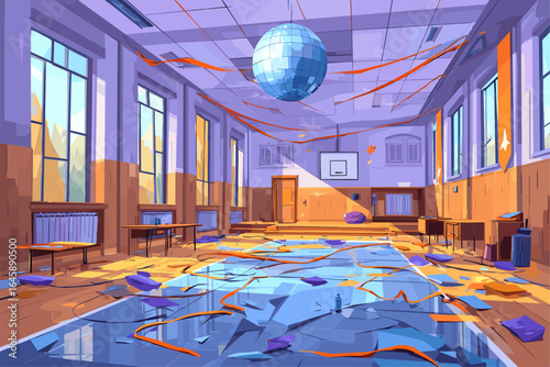 Abandoned Gymnasium with Disco Ball and Colorful Decoration