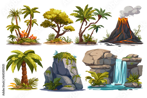 Tropical Landscape Elements: Trees, Rocks, and Volcanoes for Creative Projects