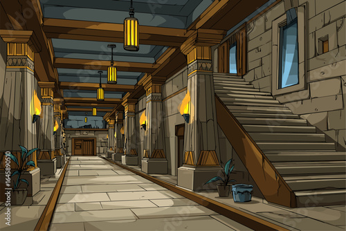 Intricate Interior of an Ancient Stone Hallway with Stairs and Decorative Elements