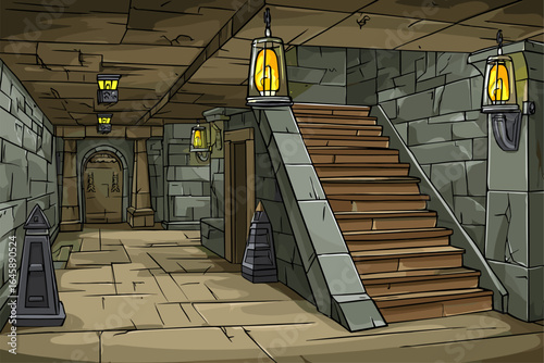 Mysterious Underground Dungeon Interior with Stone Walls and Lanterns