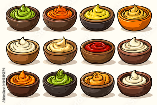 Collection of Colorful Sauces and Dips in Bowls for Culinary Designs