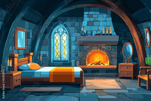 Cozy Medieval Bedroom with Fireplace and Stone Walls
