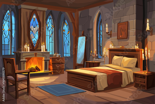 Cozy Castle Bedroom with Gothic Windows and a Warm Fireplace