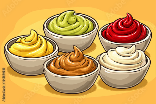 Colorful Variety of Sauces in Bowls for Culinary Designs