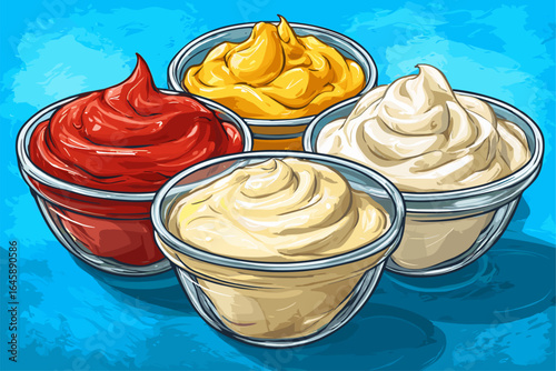 Colorful Dipping Sauces in Glass Bowls on a Vibrant Background