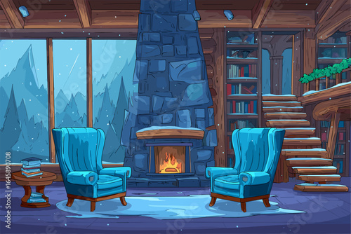 Cozy Winter Cabin Interior with Reading Area and Fireplace