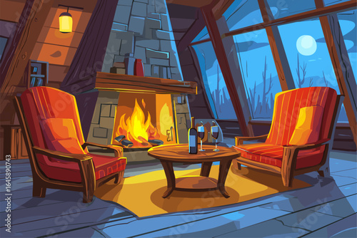 Cozy Cabin Interior with Fireplace and Wine for Relaxing Evening