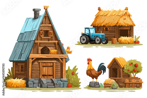 Charming Farmhouse Illustration with Tractor, Chicken, and Barn Elements