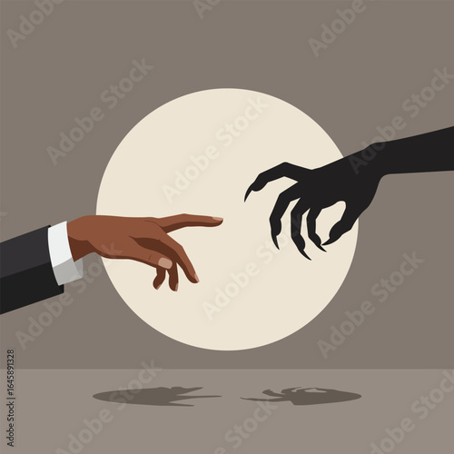 A symbolic representation of temptation and the struggle between good and evil, featuring a human hand reaching out to a demonic claw