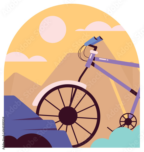 vector illustration of purple bicycle in the mountains
