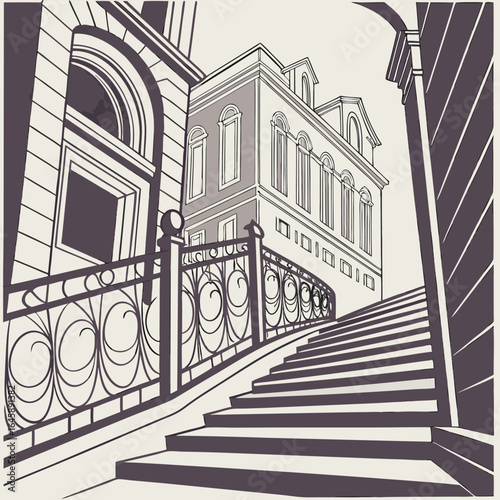 Illustration of a building with stairs and a decorative railing in a vintage architectural style art