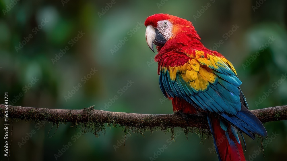 Obraz premium Colorful parrot perched on a branch in a lush forest