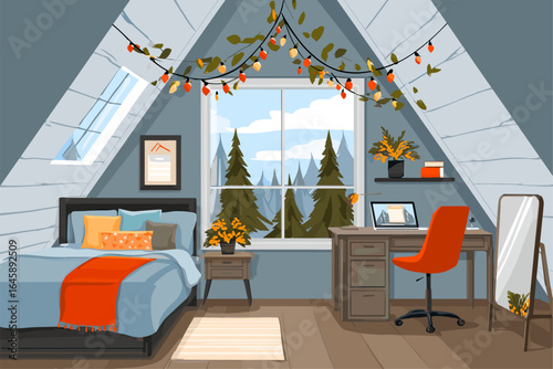 Cozy Attic Bedroom with Modern Decor and Scenic Window View