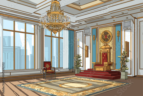 Elegant Royal Throne Room with Luxurious Chandelier and Opulent Decor