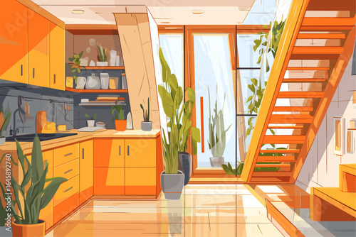Bright and Modern Interior with Orange Accents and Abundant Greenery