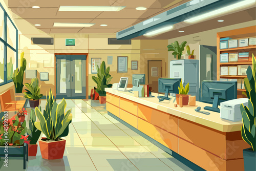 Bright and Inviting Office Reception Area with Lush Indoor Plants