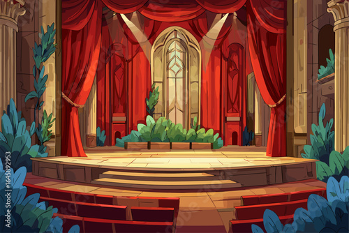 Elegant Theater Stage with Red Drapes and Lush Greenery