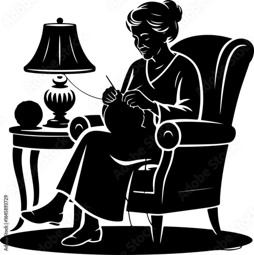 A cozy silhouette of a grandmother seated comfortably in a chair, knitting with needles and yarn