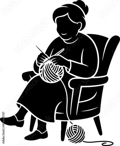 A cozy silhouette of a grandmother seated comfortably in a chair, knitting with needles and yarn