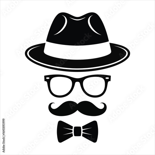 Stylized black and white illustration of a gentleman s face with a fedora hat glasses mustache and bow tie