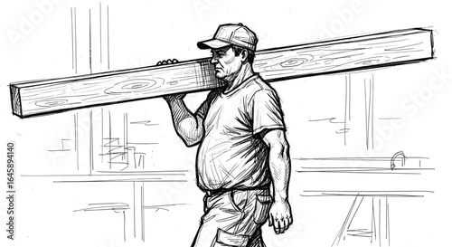 Construction worker carrying wooden beam in black and white sketch