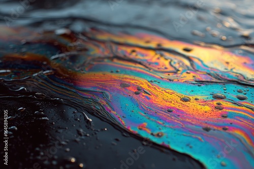 Iridescent Oil Slick on Dark Surface with Water Droplets, Abstract Texture