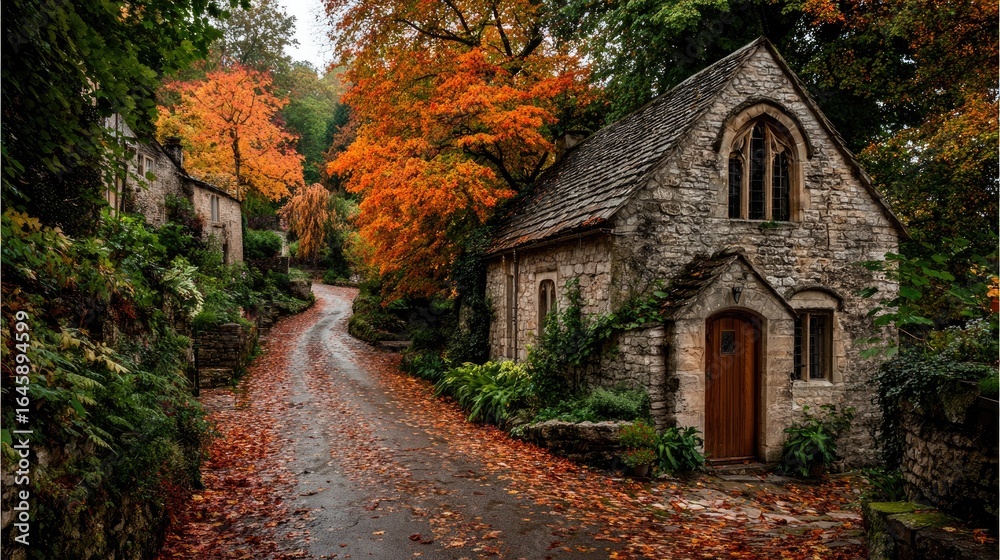 Obraz premium Autumnal village lane with stone cottage