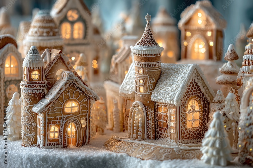 Fototapeta premium Gingerbread town, snow-dusted, lit with warm light