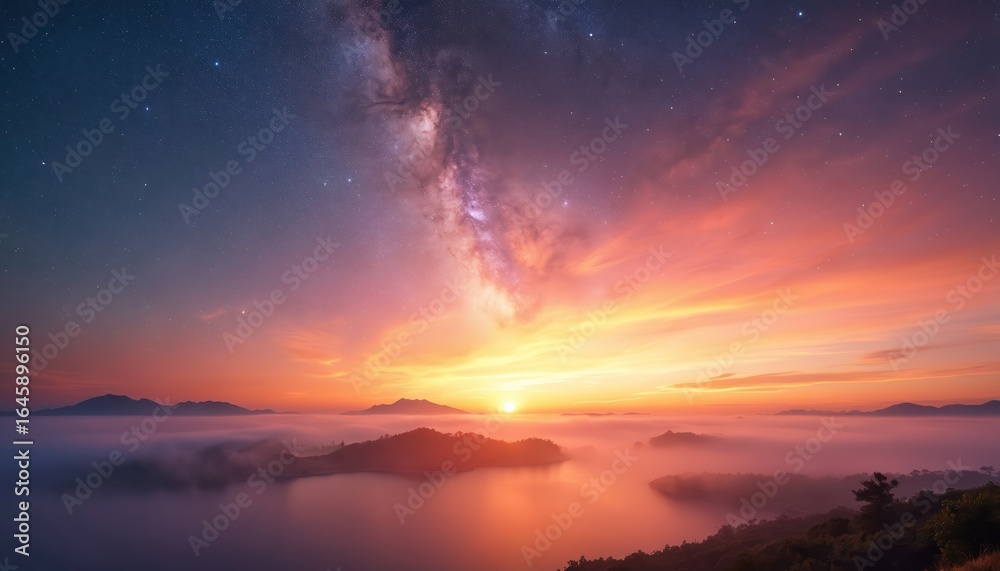 Obraz premium Vibrant sunrise paints misty mountains and water with golden hues. Milky Way galaxy graces pre-dawn sky. Breathtaking panoramic landscape inspires wonder, peace, and adventure.