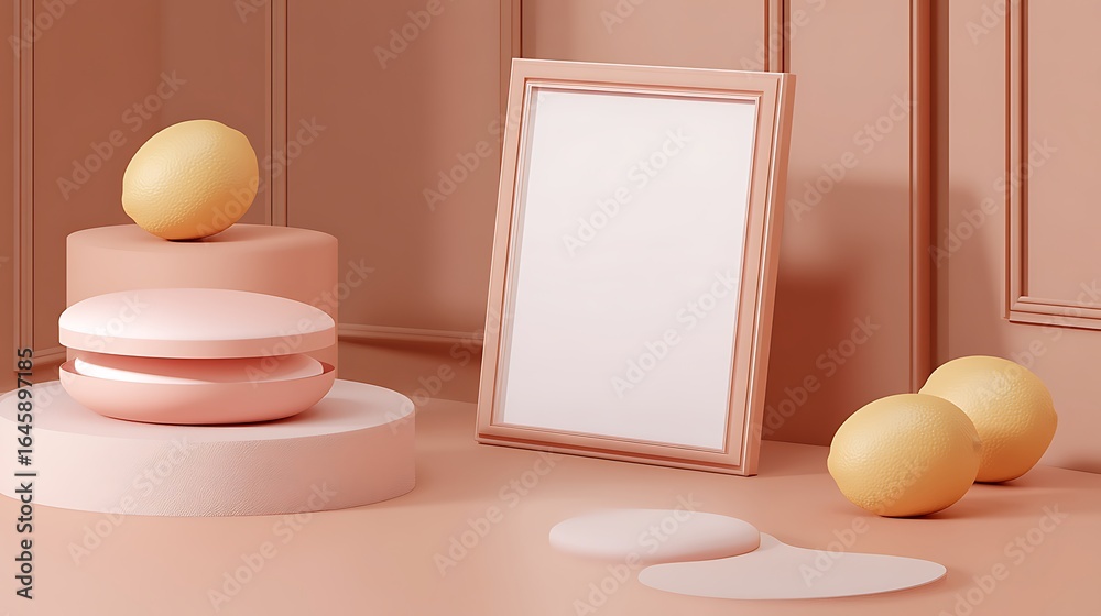 Fototapeta premium An abstract still life with a picture frame and fruits