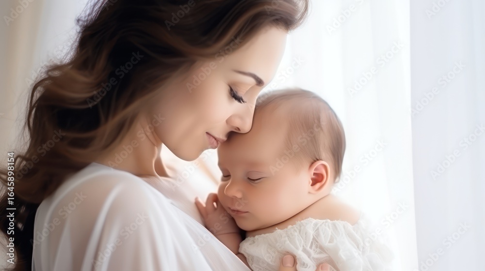 A young woman holding a baby in her arms, both wearing white clothing, in a bright, well-lit room with large windows and a white curtain.