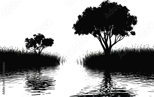Monochrome Landscape with Trees and Water Reflection