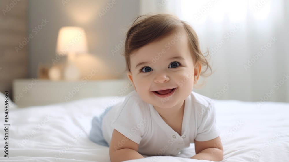 A baby lying on a bed with a white sheet, wearing a white shirt, with a lamp in the background. A baby lying on a bed with a white sheet, wearing a white shirt, with a lamp in the background.