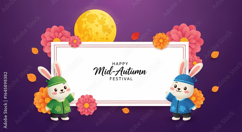 Fototapeta premium Two cute cartoon rabbits celebrate Mid Autumn Festival with moon and flowers