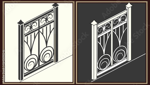 Isometric view of decorative metal fence panels with scrollwork and vertical bars in contrasting colors on display