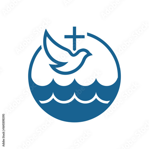 Christian baptism logo with Holy Spirit dove, cross, and water.