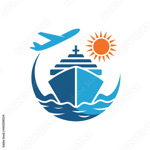 Travel agency logo with cruise ship, airplane, and sun icon.