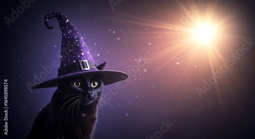 Fototapeta Naklejka Na Ścianę i Meble -  magical black cat with witch hat perched at the top against a background of pure brightness, ample copy space below for photo use. ,hyper realistic digital art ,isolated on bright background